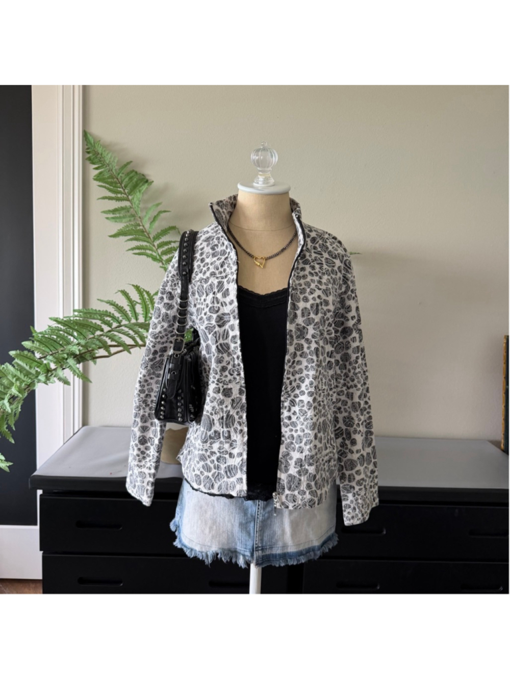Vintage Joni B Zip Up Funnel Neck Jacket S White Black Pattern Y2K Lightweight S